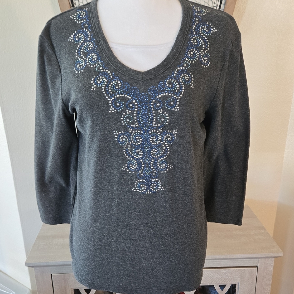 Charcoal Gray Women's Top with Blue and White Embellishments